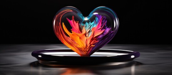 Fototapete - A vibrant heart shaped in various colors placed on a black plate against a clean white backdrop leaving ample copy space for an image 146 characters