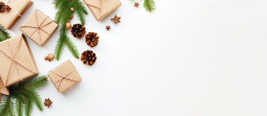 Poster - An eco friendly Christmas background featuring craft boxes and pouches with a fir branch on a white backdrop The image is from a top view and includes copy space