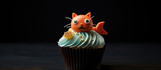 Aufkleber - Decorated with mastic and marzipan this cupcake features adorable animal shapes like a cat fish and crab The cake is beautifully adorned against a dark background creating an eye catching copy space