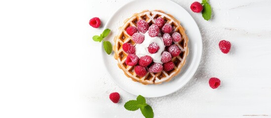 Poster - Top view of a delicious Belgian waffle adorned with fresh raspberries powdered sugar and mint on a white table Ample space for adding text in the image