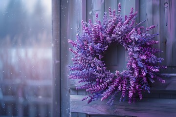 Wall Mural - A lavender wreath hangs on a weathered wooden door, with a snowy backdrop creating a serene and inviting winter scene.