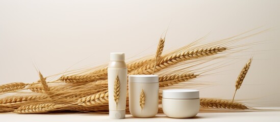 Aufkleber - Cosmetic bottles for natural skin care showcased on a white background with wheat ears The blank tubes serve as advertising tools adorned with a bio beauty product packaging design The layout include