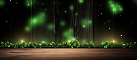 Wall Mural - Wooden background with a four leaf clover frame and shimmering lights perfect for St Patrick s Day The texture of the wood adds a festive touch while the blank space allows for holiday greetings Flat