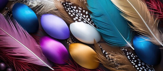 Poster - Colorful feathers provide a vibrant backdrop for decorative Easter eggs The image offers plenty of copy space creating a flat lay composition