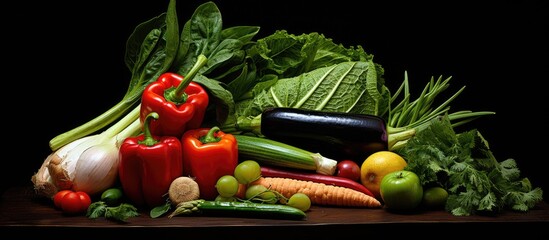 Poster - Fresh organic vegetables including peppers leek and greens are displayed on a black background This natural food arrangement provides ample space for additional text or images