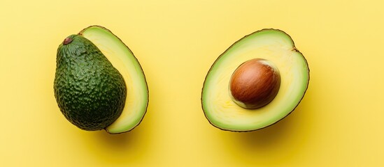 Poster - A top down view of two delicious ripe organic avocado halves placed on a bright yellow kitchen table or a market counter Perfect for cooking inspiration with ample space for adding your own text