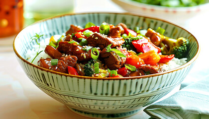 Sticker - Delicious Beef Stir Fry with Colorful Vegetables in Ceramic Bowl on White Rice