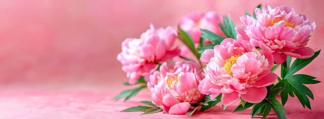 Wall Mural - Vibrant Pink Peonies in Bloom on Pink Background - Elegant Floral Beauty and Botanical Delight. banner