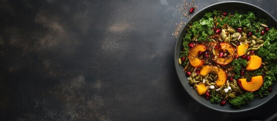 Wall Mural - A top view of a fall salad in a bowl featuring kale roasted pumpkin seeds and dried cranberries The grey background provides a clean copy space image
