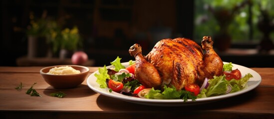 Sticker - A copy space image of a delicious roast chicken dish accompanied by a vibrant salad served on a rustic wooden table adorned with exotic spices