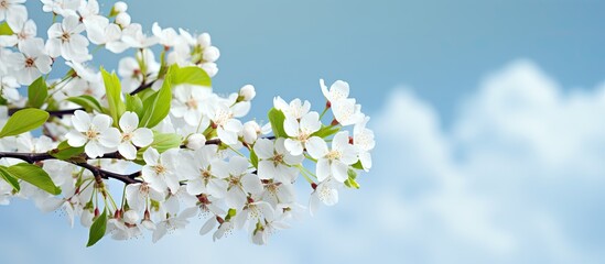 Fototapete - Spring beauty background with blooming white flowers of trees against a backdrop of the blue sky creating a vibrant scene with copy space image