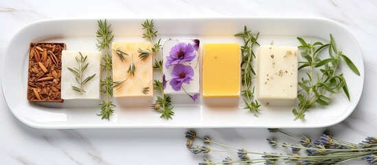 Poster - A flat lay composition showcasing bright handmade soap bars and natural herbs on a white metal frame The image includes various cosmetic products for bathroom spa beauty cosmetic and body care treatm
