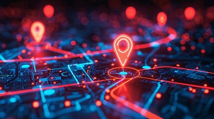 Poster - A digital map displaying a location with two pins set, representing AI technology in GPS, innovation in delivery services, and map location for future transport logistics