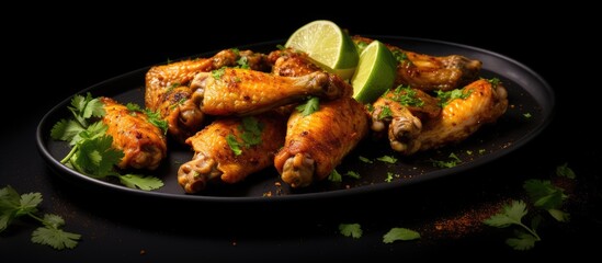 Poster - A side view of Mexican style baked chicken wings sprinkled with curry seasoning and parsley presented on a black plate against a black background The top view showcases a clear copy space image