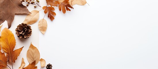 Aufkleber - Square copy space image of an autumn themed flat lay composition with a paper card and dried leaves representing the concept of autumn fall and Thanksgiving Day