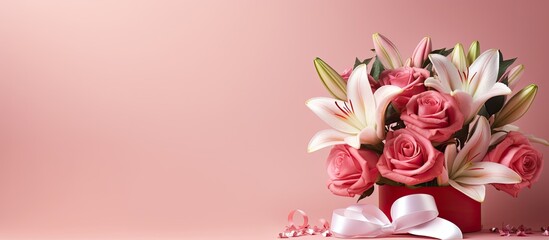 Poster - A romantic Valentine s Day scene with a beautiful flower bouquet set against a pink background leaving room for adding text or other elements. Creative banner. Copyspace image