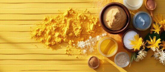 Poster - A top down view of a yellow deck adorned with a set of homemade cosmetics ingredients including cosmetic clay The image captures the essence of spa treatments and an aroma themed atmosphere Perfect a