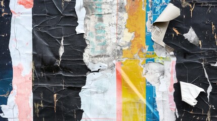 Wall Mural - Close-up of vintage, distressed, torn posters layered over each other with visible textures on an urban wall.