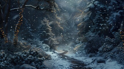 Wall Mural - scenic path in snowy forest at night banner layout