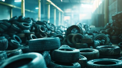 Canvas Print - Stacks of used car tires in a dimly lit warehouse with a moody, blue tone