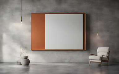 Wall Mural - Large blank frame mockup on concrete wall in minimalistic interior, natural daylight, modern design