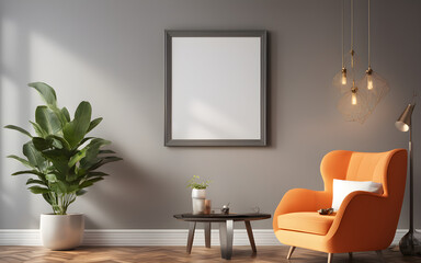 Wall Mural - Mockup picture frame on wall in minimalist bright interior with orange armchair, small table, houseplant, natural sunlight