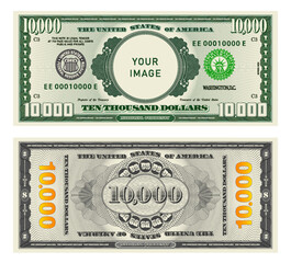 Wall Mural - Vector highly detailed fictional beautiful 10000 US dollar banknote. Obverse and reverse of American bill with guilloche patterns. Empty circle in center. Sample, your image. Ten thousand dollars.