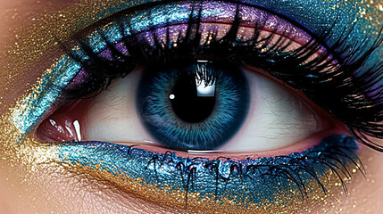 Wall Mural - A woman's eye is painted with blue and gold glitter.