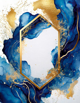 Modern watercolor ink background with blue waves and golden frame and white rectangle copyspace