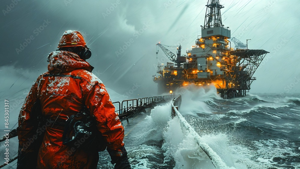 Oil Rigs Rough Surf An oil rig worker on an offshore platform, battling rough seas, with ...
