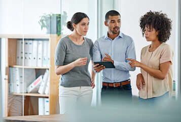 Poster - Team, people and planning in office with tablet for collaboration or business networking with technology. Employees, workplace and corporate digital project with group for ideas or productivity.