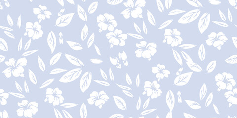 Pastel simple seamless pattern with abstract shapes small flowers, tiny leaves, buds. Abstract plain silhouettes floral printing on a light blue background. Vector hand drawing. Nature ornament