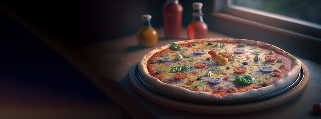Wall Mural - Pizza Capricciosa, sliced, dark background. Traditional Italian cuisine. AI generated.
