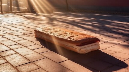 Wall Mural - Giant fresh sandwich with ham, cheese, tomatoes on street of city in rays of sun. AI generated.