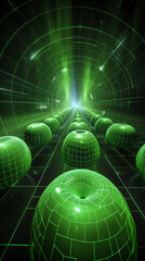 Wall Mural - Futuristic green tunnel with a grid of glowing spheres.