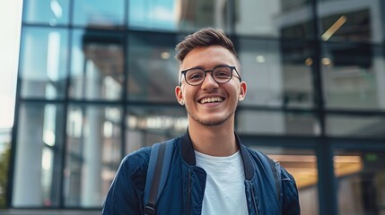 Wall Mural - Cheerful young man wearing glasses and casual clothes smiling outdoors. Modern urban background with glass building. Perfect for lifestyle, city life, and youth culture themes. AI