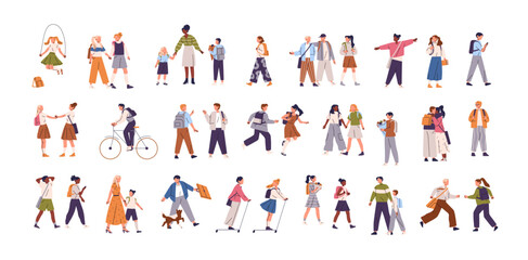 Crowd of tiny people, children set. Happy students go back to school. Different kids walk, have fun. Friends, classmates, pupils play together. Flat isolated vector illustrations on white background