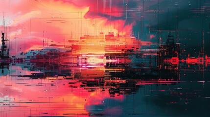 Wall Mural - Digital glitch effect on a vibrant multicolored background, representing a modern and edgy concept