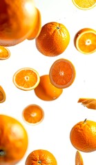Wall Mural - Fresh oranges and orange slices floating on a white background. Vibrant and colorful fruit imagery for food and drink concepts. Perfect for summer themes or healthy eating promotions. AI