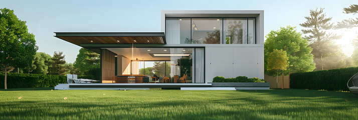 Poster - Modern house exterior day light with lawn grass.3d rendering