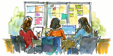 Wall Mural - An illustration of three women working at a desk, looking at a whiteboard with sticky notes