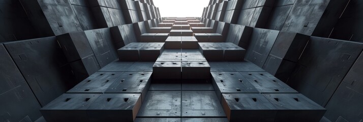 Wall Mural - Abstract Geometric Architecture with Dark Metallic Cubes Stacking Upwards in Futuristic Design
