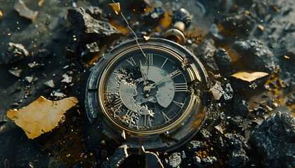 Shattered vintage clock depicting time destruction