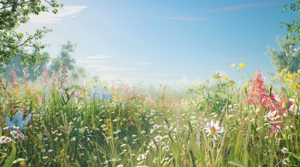 Wall Mural - Flourishing meadow in summer with an abundance of flowers and herbs with a clear blue sky in the distance