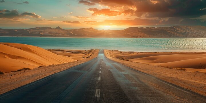 Empty highway, huge desert sand dunes on one side of the road and sea coast on the other, sky illuminated by the sun's rays at sunset