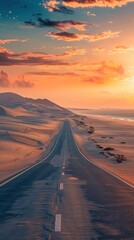 Wall Mural - Empty highway on the background of huge sand dunes and sea coast on one side of the road, sky illuminated by the sun rays at sunset