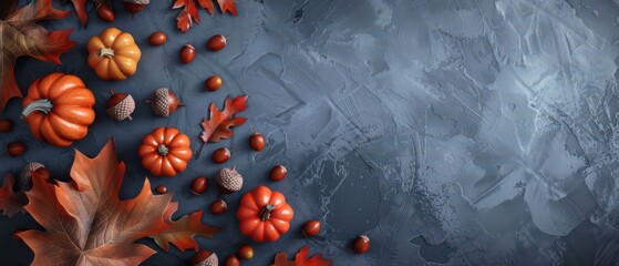 Wall Mural - 3D pumpkins and acorns on matte surface, autumn colors, copy space,