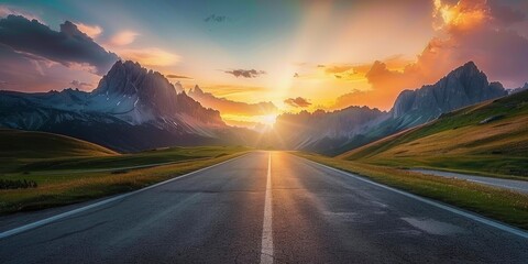Wall Mural - Empty highway on the background of mountain peaks in the Italian Alps, sky illuminated by the sun rays at sunset, incredible nature