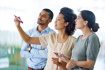 Poster - Business people, writing and tablet with glass board for schedule planning, tasks or agenda at office. Group of creative employees taking notes for discussion, brainstorming or startup at workplace