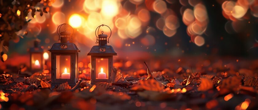 Warm autumn evening with lanterns and copy space